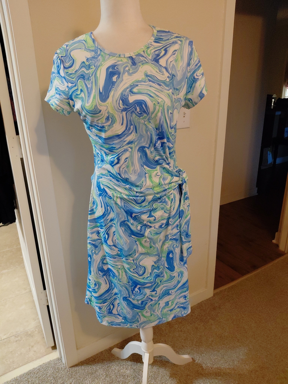 J. McLaughlin Elora Tie Dress Faux Wrap Catalina Cloth Blue Green White M EUC